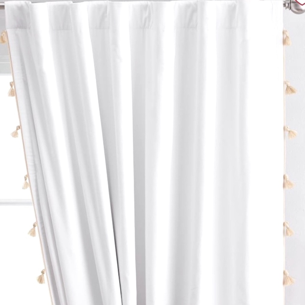 Pottery Barn White Curtain with Gold Tassel Accents